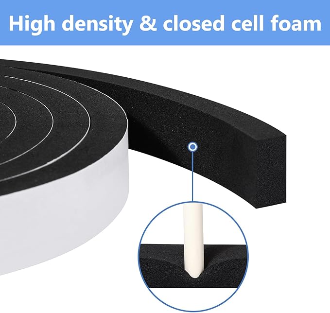 Weather Stripping Door Seal Strip (3/5 Inch X 1/2 Inch X 10Feet), Strong Adhesive, Lightproof, Soundproof, Weatherproof Foam Tape Insulation for Sliding Door, Front Door Frame, Windows- Black