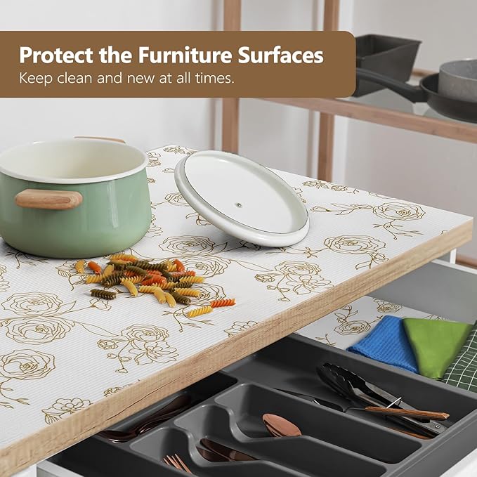 Shelf Cabinet Liner for Kitchen- Non Adhesive Drawer Liner Refrigerator Liner, Premium Waterproof Shelf Paper Protect Surface, Non Slip Easy to Clean Durable EVA Material, Gold Roses, 18 in x 30FT