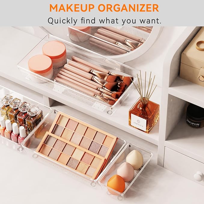 Criusia 21 Pack Large Clear Plastic Drawer Organizer Trays | BPA-Free Acrylic Organizer Bins for Large Kitchen Utensils, Bathroom, Makeup, Jewelries, Office Desk, School Supplies, Perfume