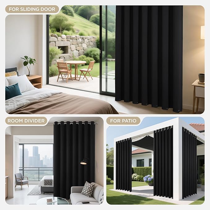 Joydeco Blackout Patio Sliding Door Curtains 96 Inches Long, Grommet Privacy Room Divider Curtains, Extra Wide Thermal Blackout Drapes for Bedroom Living Room (Black, 70Wx96L, 1 Panel)