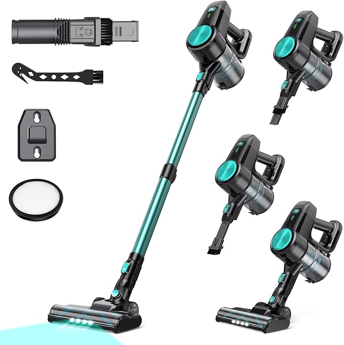 N3T Cordless Vacuum Cleaner,Wireless Stick Vacuum with 40mins Runtime,Self-Standing,Anti-Tangle Brush,Rechargeable Lightweight Vacuum Cleaner for Home,Hardwood Floor,Pet Hair, Carpet-Green