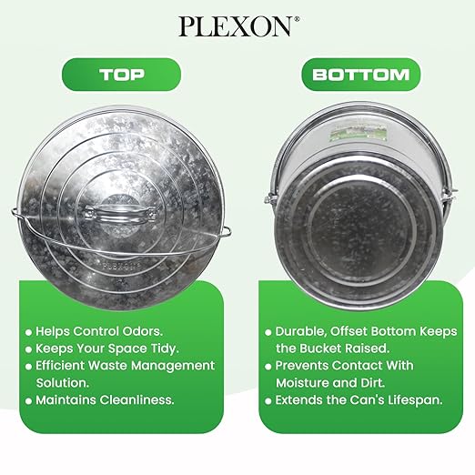 Plexon 6 Gallon Small Metal Trash Can with Locking Lid Galvanized Metal Bucket for Poultry Feed Bird Seed Storage Ash Outside Garbage Can with Lid, 3 Pack