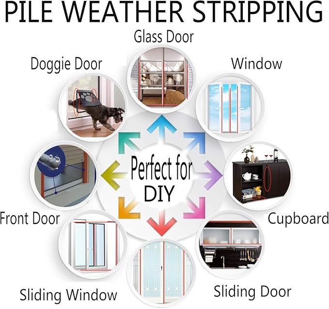 Door Sealers for Door Frame Felt Pile Weatherstripping for Sliding Window, Self Adhesive Weatherstrip Seal Strip Sealer Sound Proofing (65ft x11/32 Backing x 3/16 Brush inch, Grey)