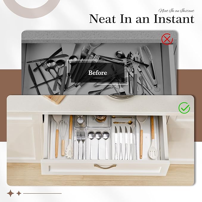 Criusia Clear Drawer Organizer 7 PCS - 5 Size Plastic Versatile Kitchen and Bathroom Organizer Trays, Non-Slip Storage Bins for Makeup, Utensils, Tool and Office Desk