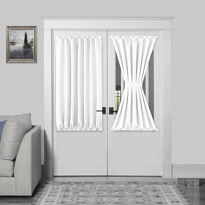 DWCN French Door Curtains – Rod Pocket Thermal Curtain for Doors with Glass Window, Kitchen and Patio Doors for Privacy, 54 X 40 Inches Long, 1 Curtain Panel with Tieback, Pure White