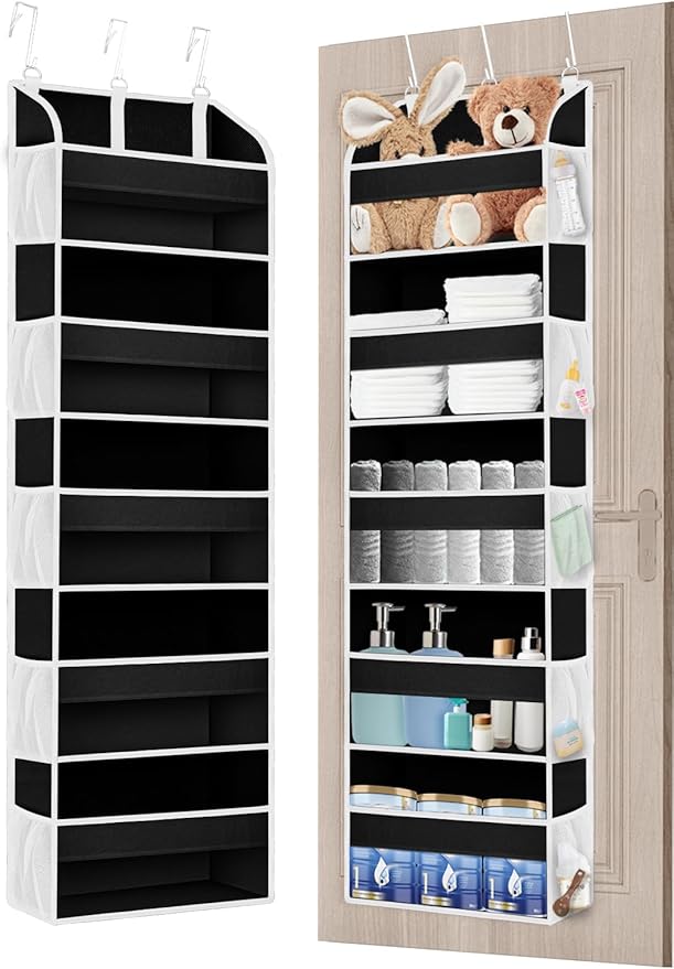 1 Pack Over The Door Storage Organizer with 5 Pockets 10 Mesh Side Pockets, 44 lbs Weight Capacity Door Hanging Organizers and Storage for Bedroom,Bathroom,Nursery,Pantry,Dorm(Black)