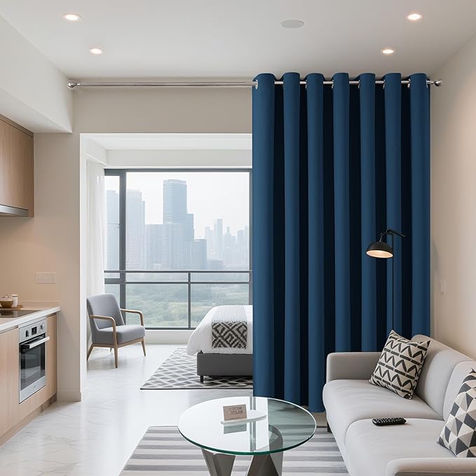 Joydeco Blackout Patio Sliding Door Curtains 96 Inches Long, Grommet Privacy Room Divider Curtains, Extra Wide Thermal Blackout Drapes for Bedroom Living Room (Navy Blue, 100Wx96L, 1 Panel)