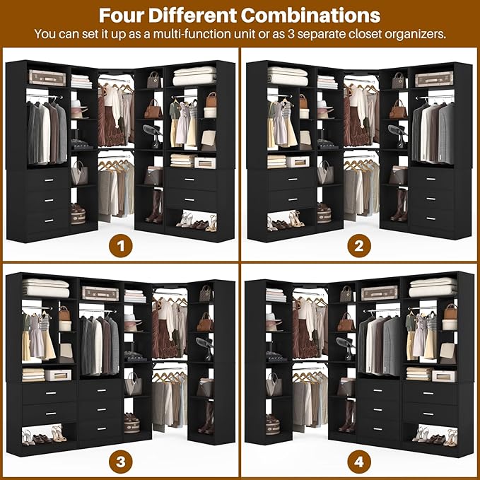 Corner Closet System with 5 Drawers, Closet Organizer System with 15+Shelvess & 4 Hanging Rods, 63.2"L * 63.2"W / 87.2"L * 39.2"W Reversible L Shaped Walk-in Closets, Load 2500+LBS, Black