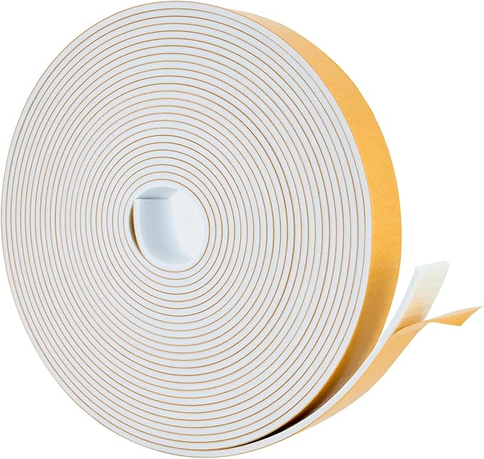 High Density Foam Weather Stripping Door Seal Strip Insulation Tape Roll for Insulating Door Frame, Window, Air Conditioner | Self Adhesive Sealing Weatherstrip (White, 1 in x 1/8 in x 30 Ft)