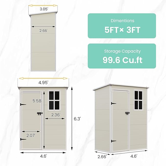 UDPATIO Outdoor Storage Shed 5x3 FT, Plastic Garden Shed for Bike, Garbage Can, Tool, Outside Sheds & Outdoor Resin Shed with Lockable Door for Backyard, Patio, Lawn, Sandstone