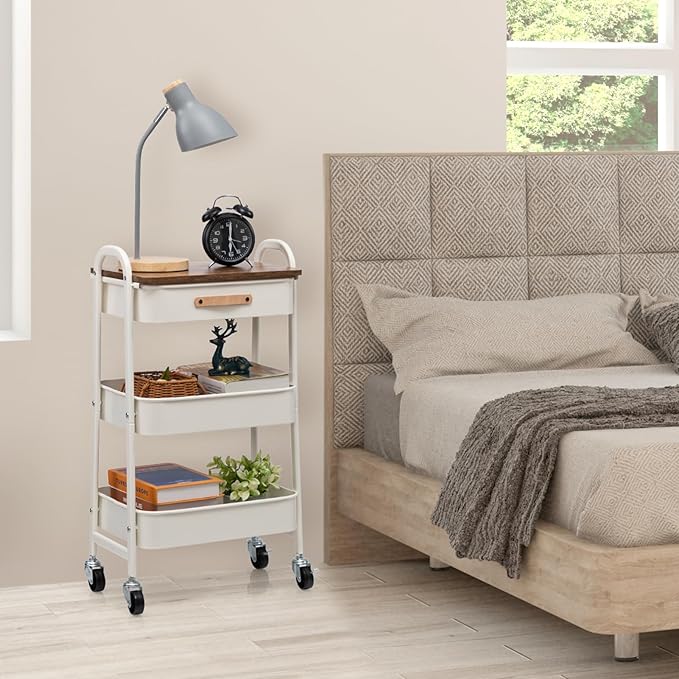 AGTEK Rolling Organizer Cart with Drawer, 3 Tier Movable Metal Utility Cart with Drawer, Mobile Trolley Cart for Home & Office, White