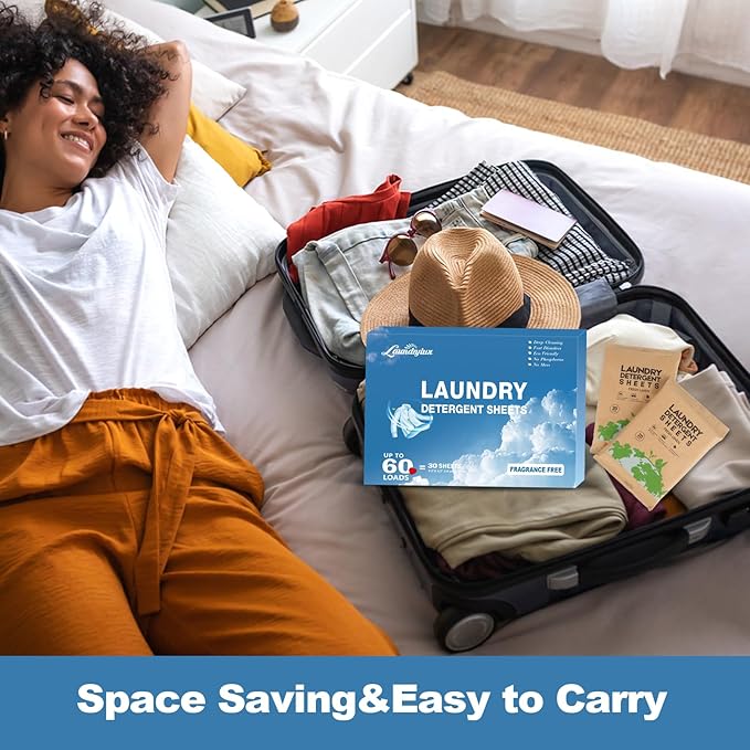 Laundry Detergent Sheet, Eco-Friendly & Hypoallergenic Wash Strips, Natural Ingredients, Ultra-Concentrated, Travel-Ready, No Plastic Jug- Unscented, (60 Loads) 30 Sheets