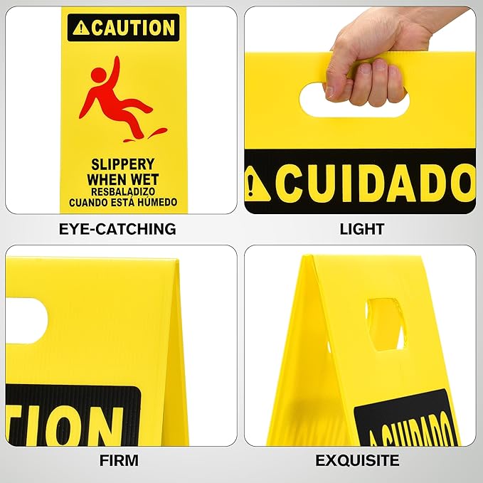 MATTHEW CLEANING 25'' Industrial Wet Floor Sign 6 Pack 2-Sided Durable Corrugated Plastic Birght Yellow Multilingual Warning Signs Commercial Caution Wet Fold-out Floor Signs For Indoors