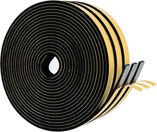 High Density Foam Weather Stripping Door Seal Strip Insulation Tape Roll for Insulating Door Frame, Window, Air Conditioner | Self Adhesive Sealing Weatherstrip (Black, 1/4 in 1/8 in 50 Ft)