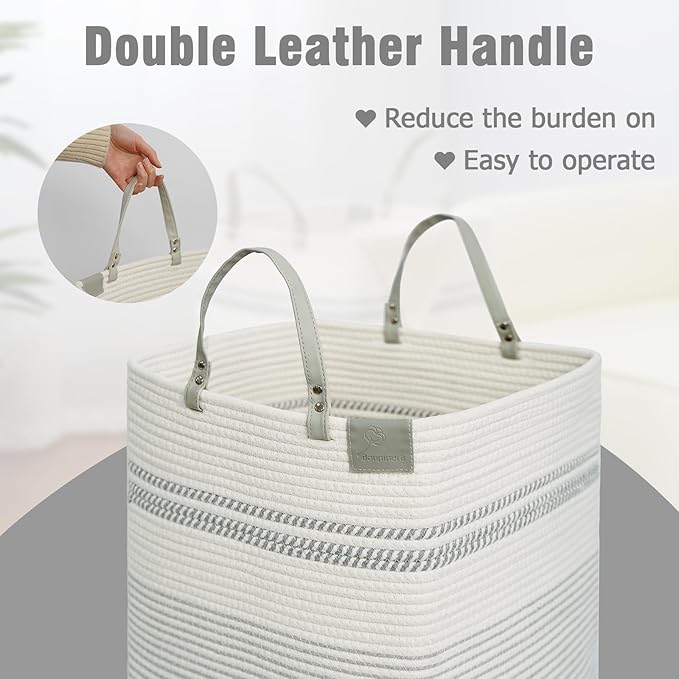 danpinera 100L Nursery Hamper, Tall Woven Laundry Basket with Long Leather Handles, Boho Laundry Hamper for Living Room & Bedroom, Eco-friendly & Convenient Decorative Storage Basket White & Gray