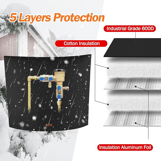 TOHONFOO Backflow Preventer Pipe Insulation Cover (5°F) - Irrigation Sprinkler Valve Insulated Pouch - Water Well Pump Cover - Sturdy 5 Layers for Winter Freeze Protection, 40" W x 36" H, Black