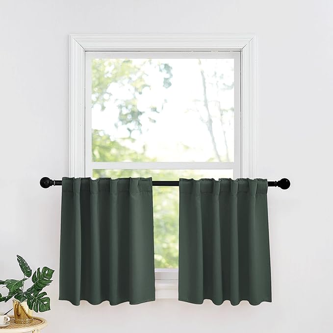RYB HOME Kitchen Window Curtains Over Sink - Blackout Insualting Privacy Curtains for Kids Bedroom Kitchen Bathroom Basement Cafe Cabinet Tiers Drapes, 34 Width x 30 Length, 2 Panels, Dark Green