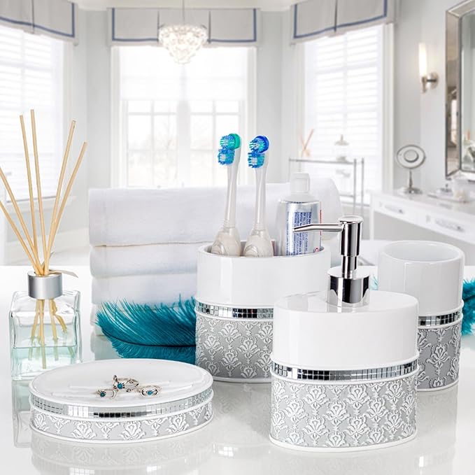 Creative Scents Mirror Damask Toothbrush Holder for Bathroom - Gray & White Toothbrush and Toothpaste Holder - Decorative Toothbrush Cup for Bathroom Holds Multiple Standard Or Electric Toothbrushes