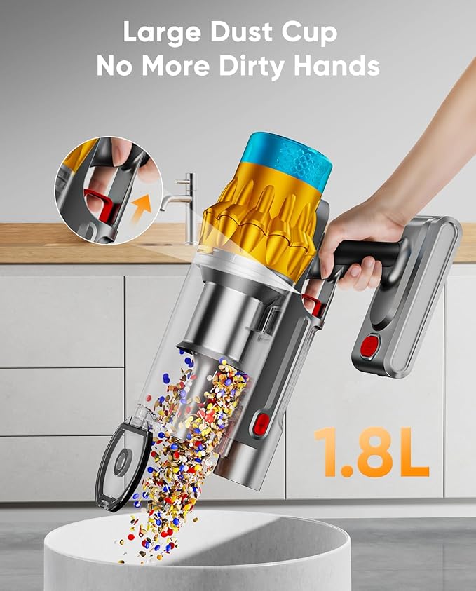 Cordless Vacuum Cleaner, 600W/50KPA, Max 70 Mins Runtime, Self-Standing Vacuum Cleaners for Home, Anti-Tangle Stick Vacuum, Smart Display Vacuum Cordless with 1.8L Cup for Pet Hair/Carpet (Red)