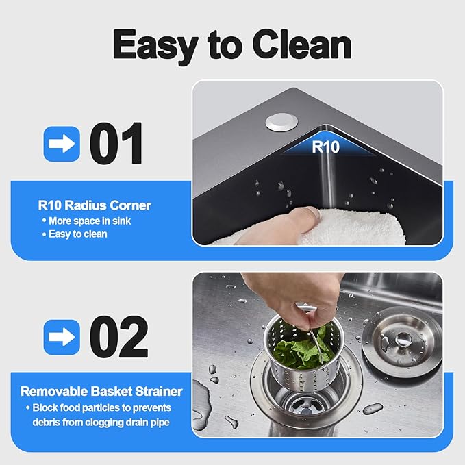 24x18x9 Inch Kitchen Sink, Handmade 304 Black Stainless Steel Single Bowl, 2-Hole Drop In Installation, R10 Tight Corner, for Modern Kitchen/RV/Outdoor Sink