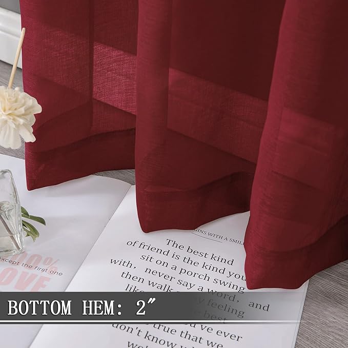 Tollpiz Short Sheer Tier Curtains Linen Textured Half Kitchen Curtain Sheers Light Filtering Rod Pocket Voile Small Curtain for Bathroom, 25 x 24 inches Long, Burgundy Red, Set of 2 Panels