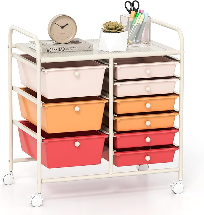 GOFLAME 9-Drawer Rolling Storage Cart, Mobile Utility Cart with Removable Drawers & Metal Frame, Art Craft Organizer Cart with Lockable Wheels, Storage Drawer Cart for Home Office, Macaron Color