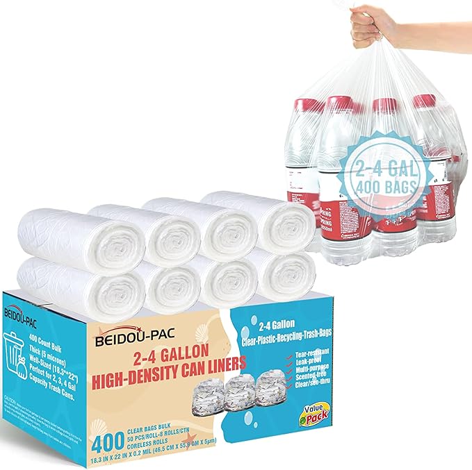 2-4 Gallon Trash Bags, 400 Count Bulk, Clear Plastic Recycling Bags, Small Multi-purpose Garbage Bags for Business Home Bathroom Kitchen Commercial and Industrial