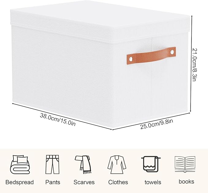 Fabric Storage Bins, Clothes Boxes for Shelves with Lids, Baskets for Organizing with Handles, Decorative Linen Closet Organizers, White, 5 Pack, 15 x 9.8 x 8.3 Inch