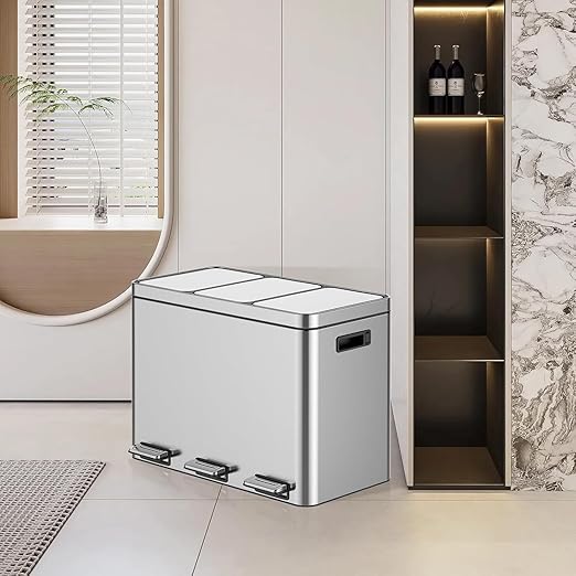 3 x 4 Gal (3 x 15L) Trash Can, Stainless Steel Triple Compartment Step-On Recycling Bin with Soft-Close Lids & Removable Plastic Inner Buckets for Kitchen, Home, Office