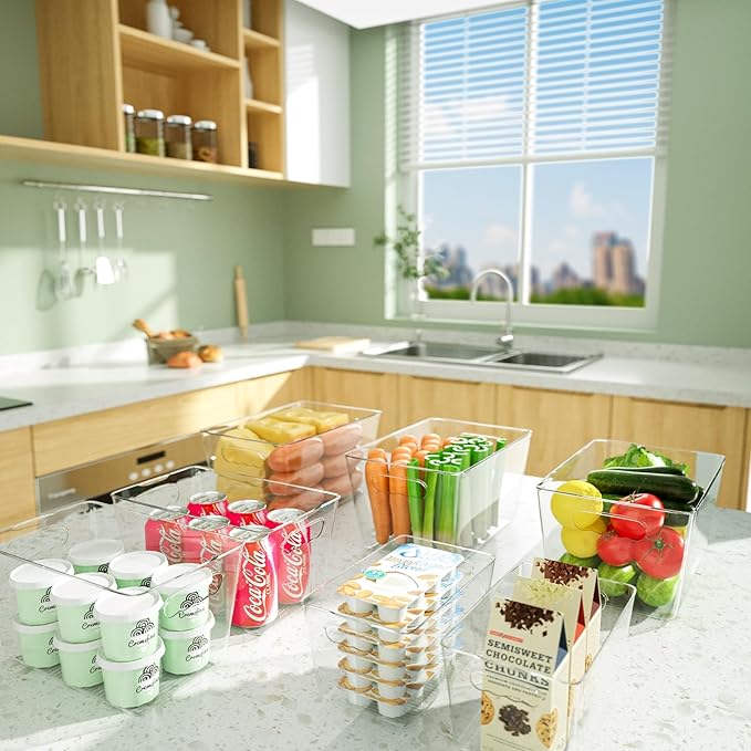 BALEINE Clear Plastic Storage Bins, Pantry Organization, BPA Free Stackable Refrigerator Organizers and Storage with Handles for Kitchen Fridge Cabinet Bathroom (4PK, 9.5x5.5x4.5)