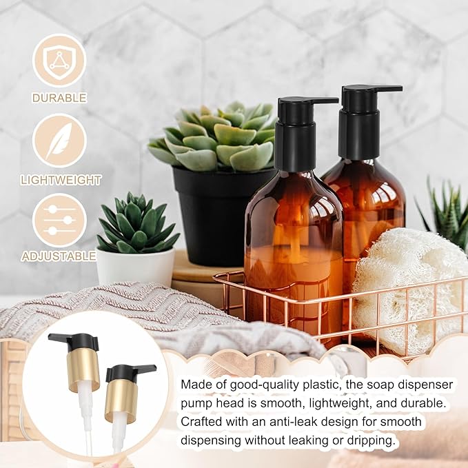 uxcell 2 Pcs Soap Dispenser Pump Heads, Hand Soap Dispensers Top Pumps Replacement Clip-on Pumphead for Standard 24/410 Neck Size Bathroom Lotion Shampoo Bottle, Gold Black