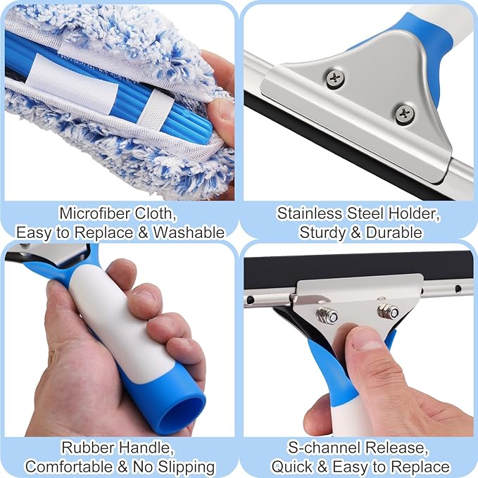 Professional Window Cleaning Kit 14IN, with Silicone Squeegee Blade, Microfiber Scrubber & Cloth, Windows Cleaning Tools, All-in-one Window Washing Supplies, Commercial & Household Use