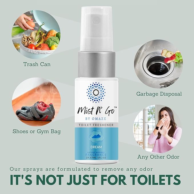 Mist N’ Go by Omaze Travel Bathroom Spray for Toilet Spray Odor Eliminator - Travel Toilet Spray for Bathroom Air Freshener Spray for Bathroom Deodorizer - Dream Travel Size (1oz x5)