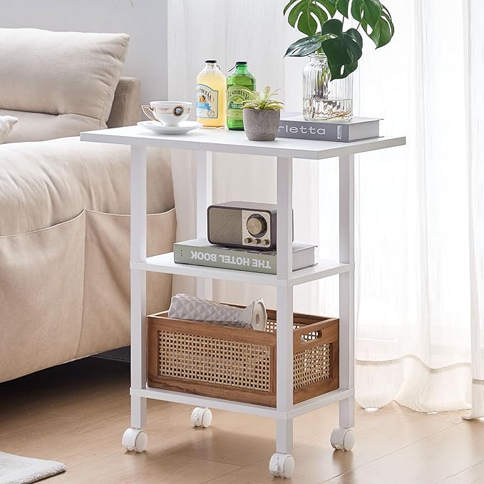 Lerliuo White 3 Tier Printer Stand with Storage, Printer Table for Home Office, Wooden Rolling Printer Cart Shelf with Lockable Wheels fit Fax Machine, Scanner