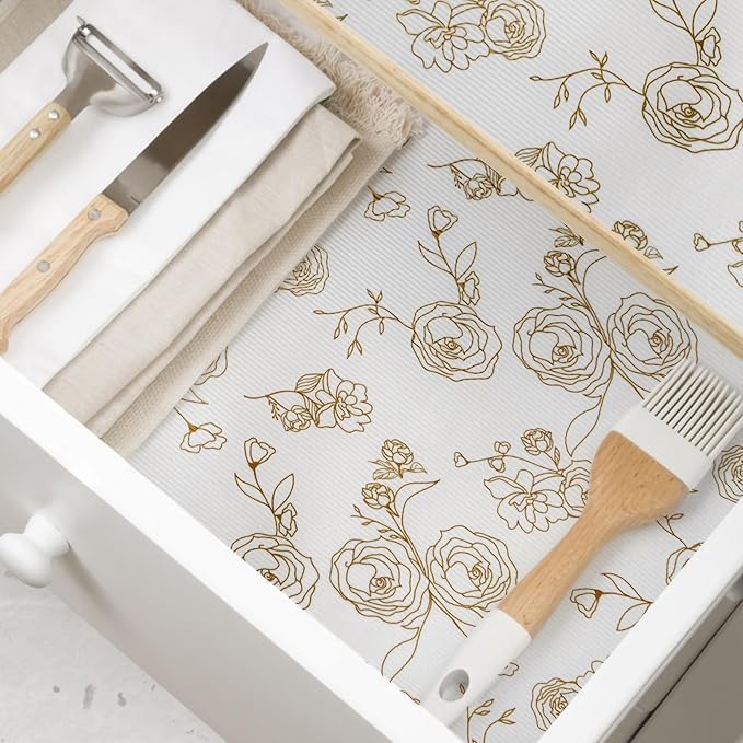 Shelf Cabinet Liner for Kitchen- Non Adhesive Drawer Liner Refrigerator Liner, Premium Waterproof Shelf Paper Protect Surface, Non Slip Easy to Clean Durable EVA Material, Gold Roses, 18 in x 30FT