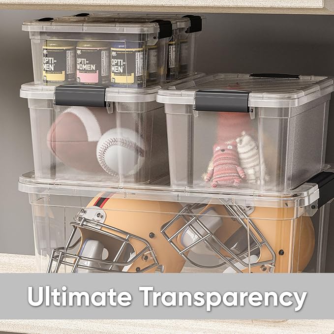 Superio Storage Bins with Lids- 4 Pack, 6.6 Qt Clear Boxes for Organizing, Stackable Plastic Containers- BPA Free, Non-Toxic, Odor Free, Organizer for Home, Office, Dorm