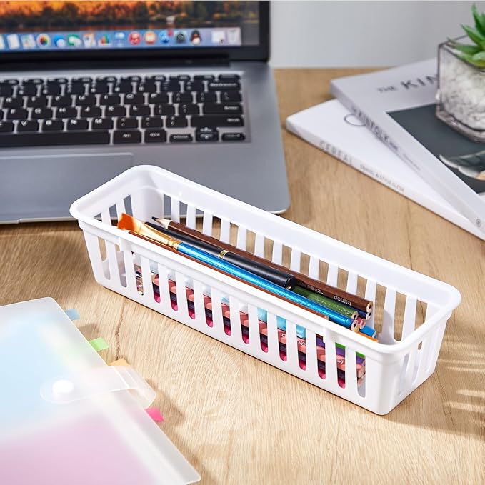 Domensi 12 Pack Slim Plastic Storage Baskets Tray for Organizing 10.25 x 3.25 x 2.5 Inch Small Narrow Storage Bins Stackable Drawer Pencil Trays Holder for Desk Garage Cabinet Containers(White)