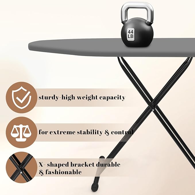 Ironing Board, Compact and Space Saver,Size 13 x 43, Metal Construction Ironing Boards with Extra Thick Heavy Duty Padded, Stable Structure,Skid Feet, Premium Iron Board,Grey