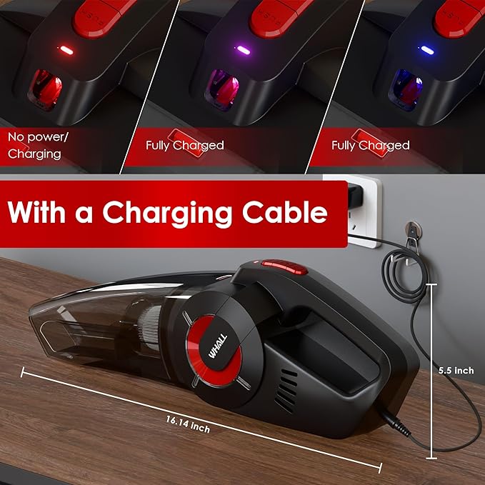 whall Handheld Cordless Car Vacuums, Wet and Dry Use 9000Pa Strong Suction Vacuums, Rechargeable Portable Vacuum Cleaner with LED, Charging Dock, Lightweight Mini Vacuum for Car, Home and Office, Red