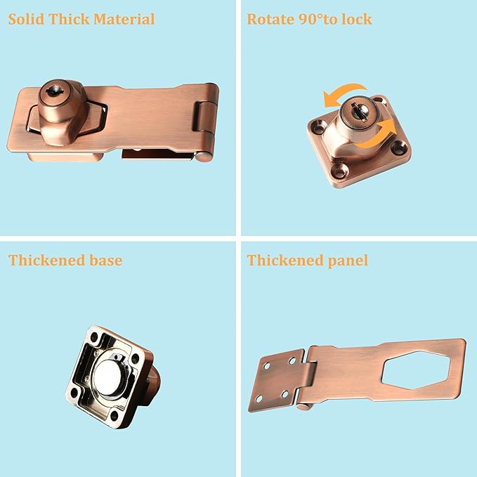 Alise Keyed Hasp Lock,4 Inch Safety Packlock Clasp Hasp Lock Latch with Lock,Door Hinge Lock with Keys Keyed Locking Hasp for Cabinets Closets Doors,Red Bronze