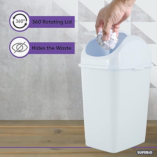 Superio Small 2.5 Gallon Plastic Trash Can with Swing Top Lid, Compact Slim Waste Bin for Under Desk, Office, Bedroom, Bathroom, Dorm Room, 10 Qt. Portable Garbage Can (White)