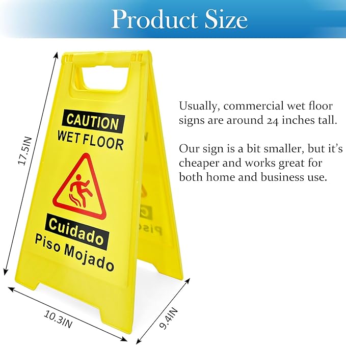 2 Pack Caution Wet Floor Sign, 17.5" Height, Bright Yellow, Double-Sided A-Frame Safety Caution Sign Commercial, Bilingual Caution Message