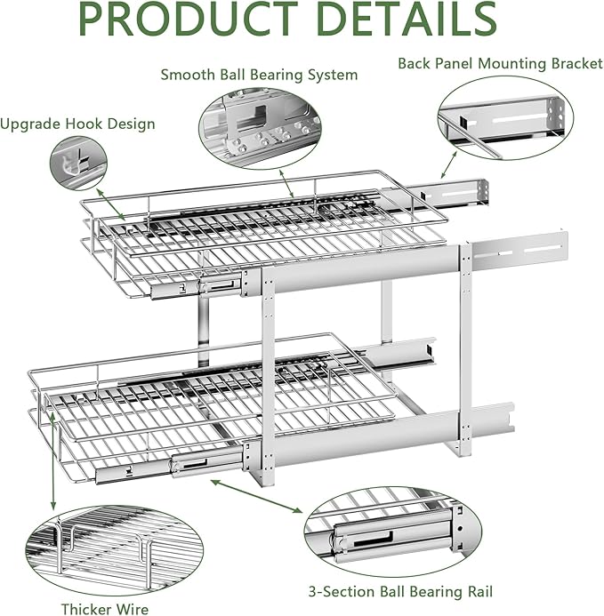2 Tier Individual Pull Out Cabinet Organizer 15½" W x 21½" D, Heavy Duty Cabinet Pull Out Shelves, Slide Out Drawers Organization for Kitchen Cabinets Bathroom