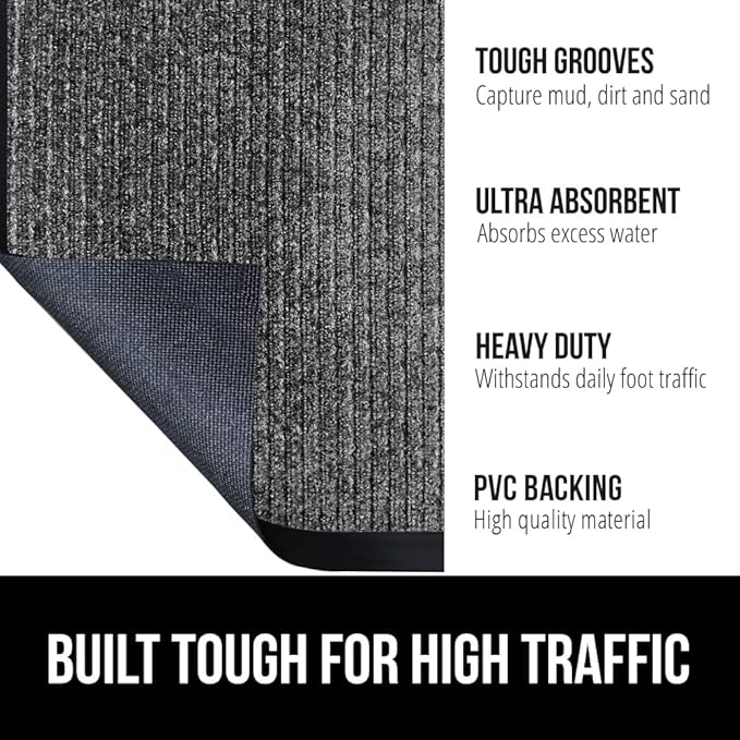 GORILLA GRIP Traffic Guard Door Mat, Heavy Duty Welcome Mats, Commercial Office Space Doormat, Waterproof, Fade Resistant, Strong Rubber Backing, Low Profile, Shoe and Boot Scraper, 35x23, Light Gray