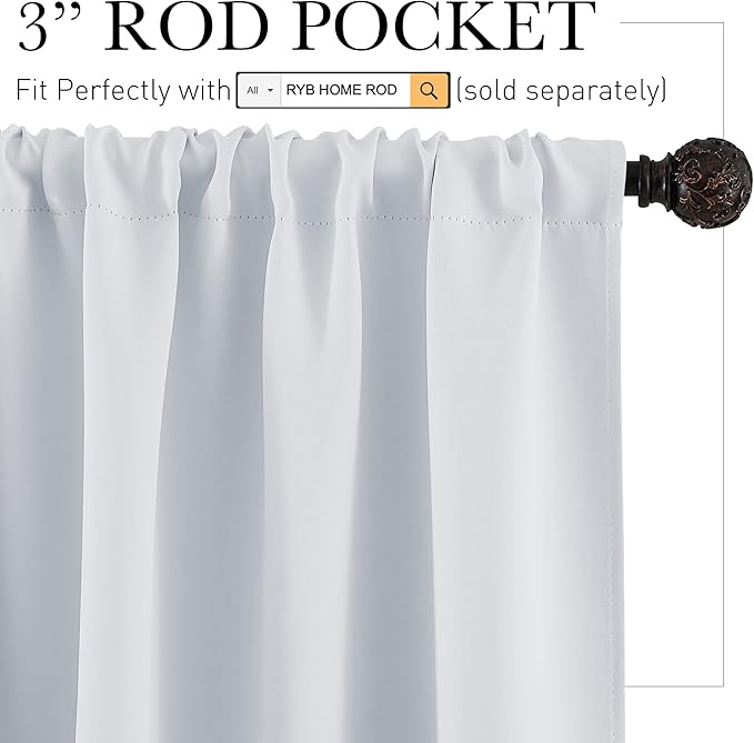 RYB HOME White Curtains 36 inches Long Room Darkening Curtains Thermal Insulated Sunlight Block for Kitchen Cabinet Bedroom Bathroom Window Covering, W 52 x L 36, Grayish White, 2 Panels