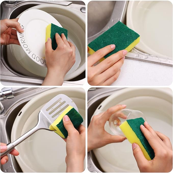 Tanlade 120 Pcs Individually Wrapped Sponge Dishwashing Sponge Bulk Non Scratch Scrub Sponges Kitchen Scouring Pad for Household Cleaning Rental Dishes Hotel Apartment Car (Yellow,Green)