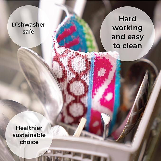 Skoy Scrub, 4-Pack Reusable, Non-Scratching Dish Scrubber for Kitchen and Household Cleaning, Planet-Friendly, Dishwasher Safe Soft Scrub, Assorted Colors and Designs
