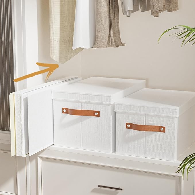 Fabric Storage Bins, Clothes Boxes for Shelves with Lids, 5 Pack Baskets for Organizing with Handles, Decorative Linen Closet Organizers, White, 16.5 x 11.8 x 10.2 Inch