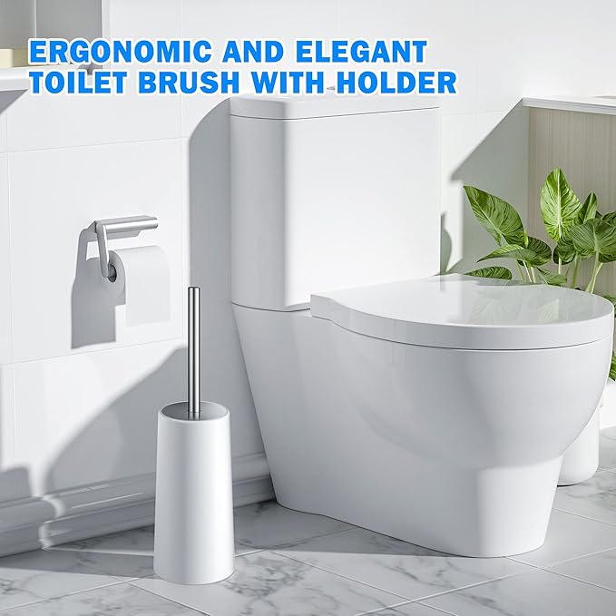 Toilet Brush and Holder, 2 Pack Toilet Brush with 304 Stainless Steel Long Handle, Toilet Bowl Brush for Bathroom Toilet-Ergonomic, Elegant,Durable (White)