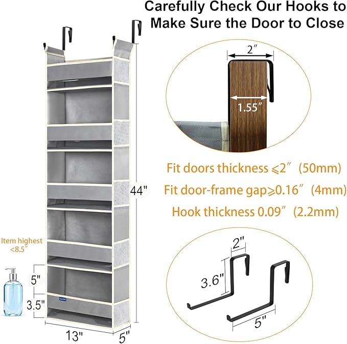 Over The Door Organizer 5-Shelves and 10 Side Pockets, Over The Door Storage for Bathroom Bedroom Nursery, Hanging Door Organizer for Baby Diapers and Kids Toys (13"x5"x44", Grey)